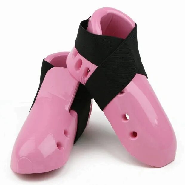 A pair of pink foam sparring foot gear