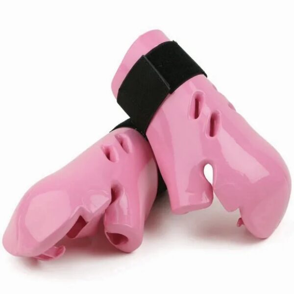 A pair of pink foam sparring hand gear
